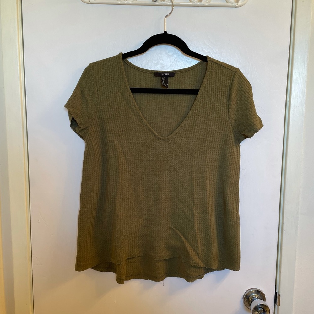 Green Waffle Textured V Neck Shirt